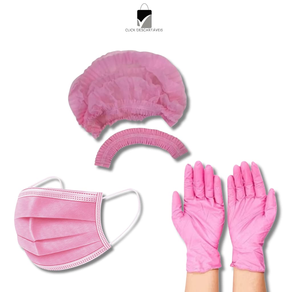 Kit ROSA 100 Touca TNT+50 Máscara Tripla Camada+ 100 Luva Nitrilica