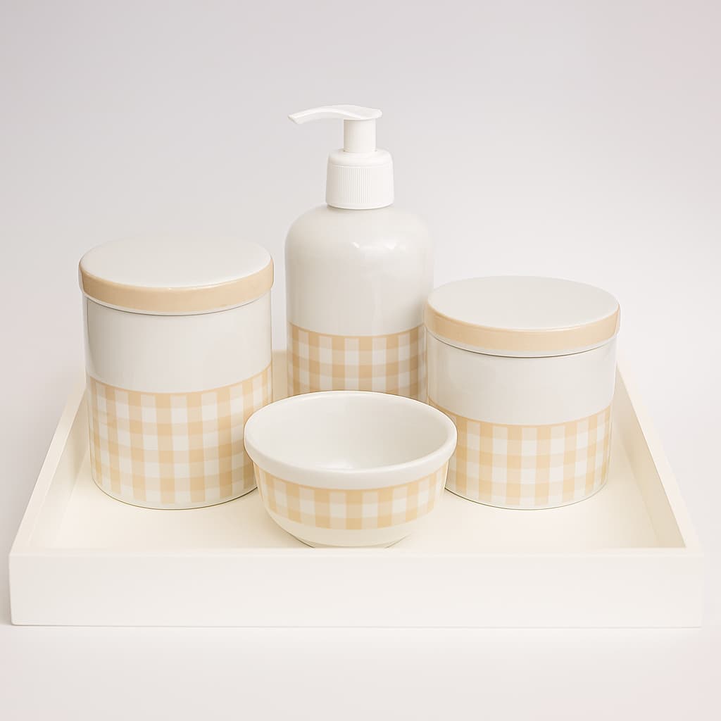Kit Bebe Porcelana Higiene Maternidade Xadrez Bege Delicado