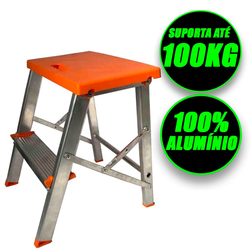 Escada Banqueta Alumínio 2 Degraus Portátil Domestica Dobrável Reforçada Ate 100kg