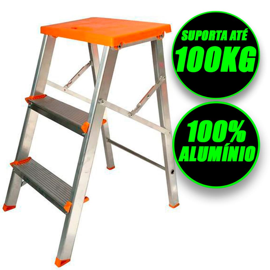 Banqueta 3 Degraus Alumínio Portátil Escada Domestica Dobrável Reforçada Ate 100kg