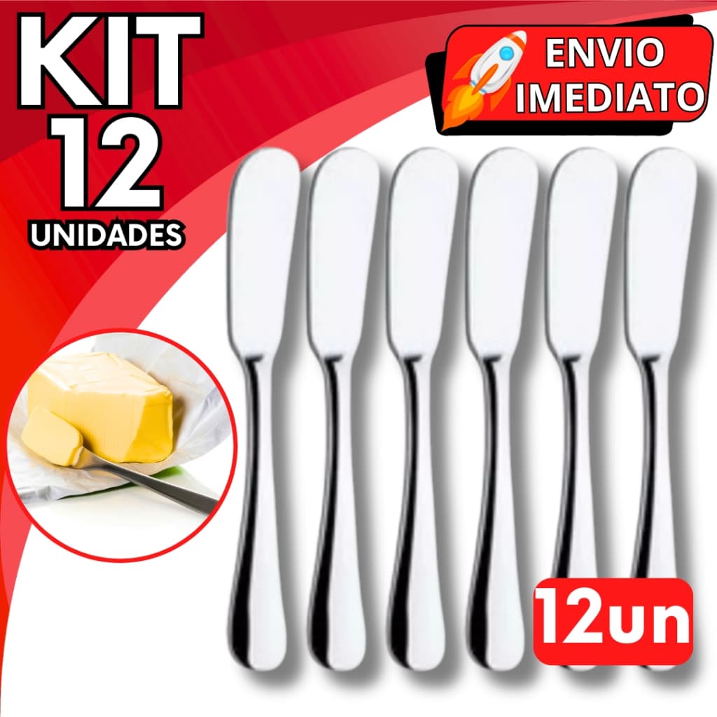 KIT Jogo 12 Espátula Pá Inox Resistente para Manteiga Patê Geleia Requeijão Margarina Casa Cozinha Restaurante Padaria