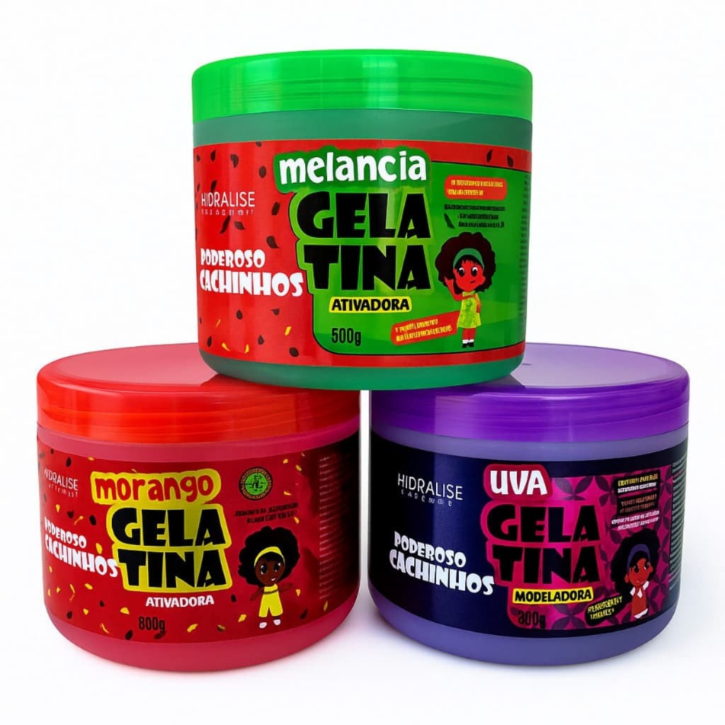 Kit 3 Gelatinas Kids Poderoso Cachinhos Hidralise 500g – Morango, Uva e Melancia