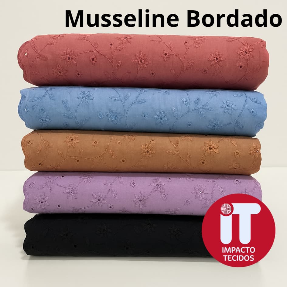 Tecido Musseline Bordado 1mt x 1,30 de largura- Elegância e versatilidade