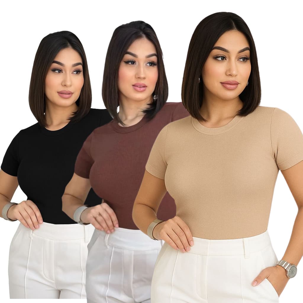 Kit 3 Blusa Baby Look Feminina Suplex Duplo Academia Elegante