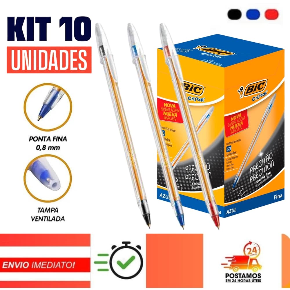 KIT Canetas Bic Cristal Esferográficas 0.8mm Ponta Fina Cores Azul, Preta e Vermelha - Original, Escrita Fina pelaria