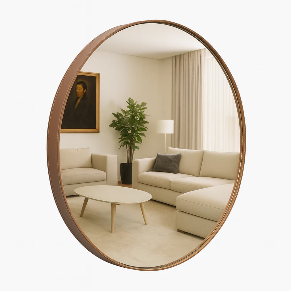 Espelho Adnet Redondo Grande Couro Costurado 60 cm Suporte Fixação Sala Quarto Banheiro Hall