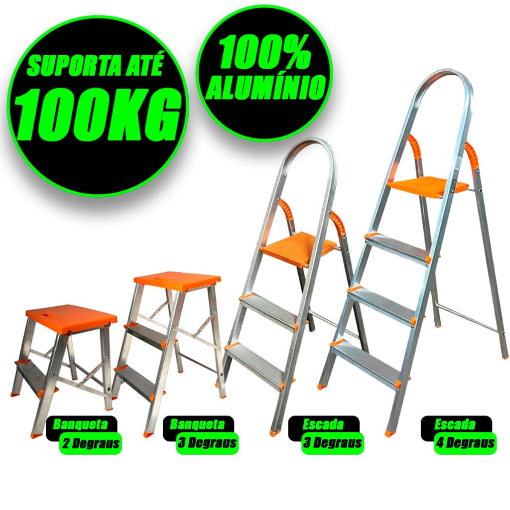 Escada De Alumínio Banqueta Domestica Residencial Agata 3 4 Degraus Reforçada Banqueta 2