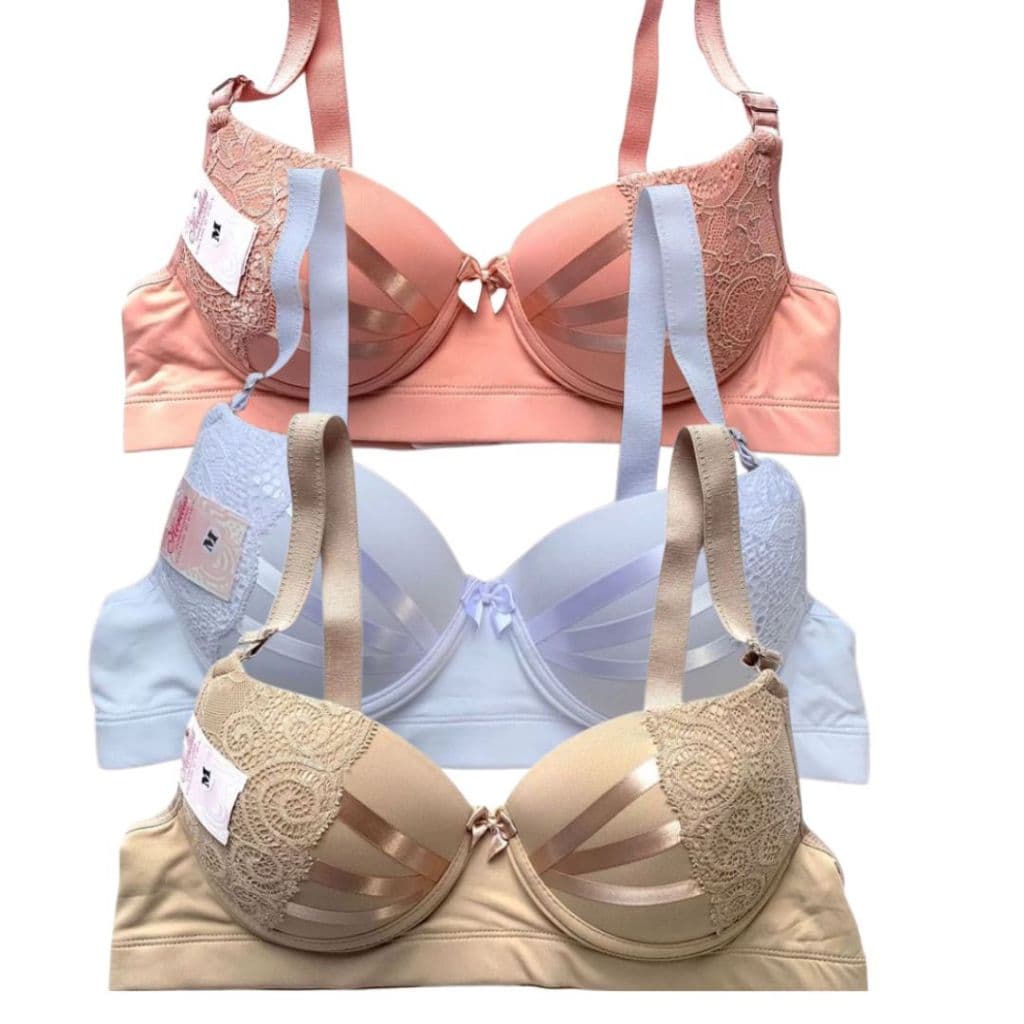 Kit Com 3 Sutiã Bojo Reforçado Com Aro Alça Larga Com Renda e Detalhe em Fita em Microfibra