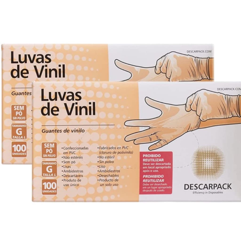Kit 2 Caixas de Luvas de Vinil Descartável Sem Pó 100un