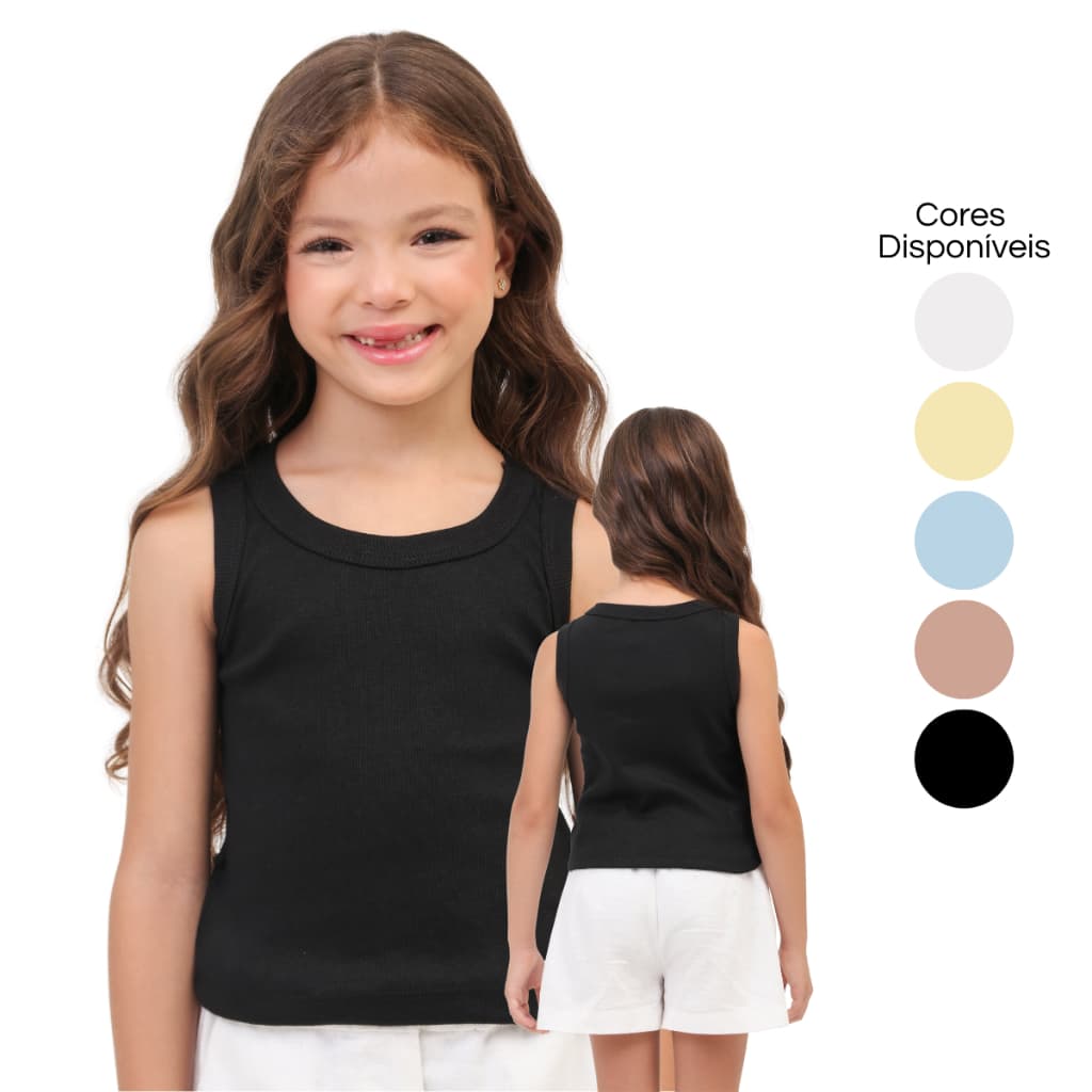 Blusa Regata Infantil Juvenil Menina Canelada Alça Grossa Básica Verão Cores Neutras