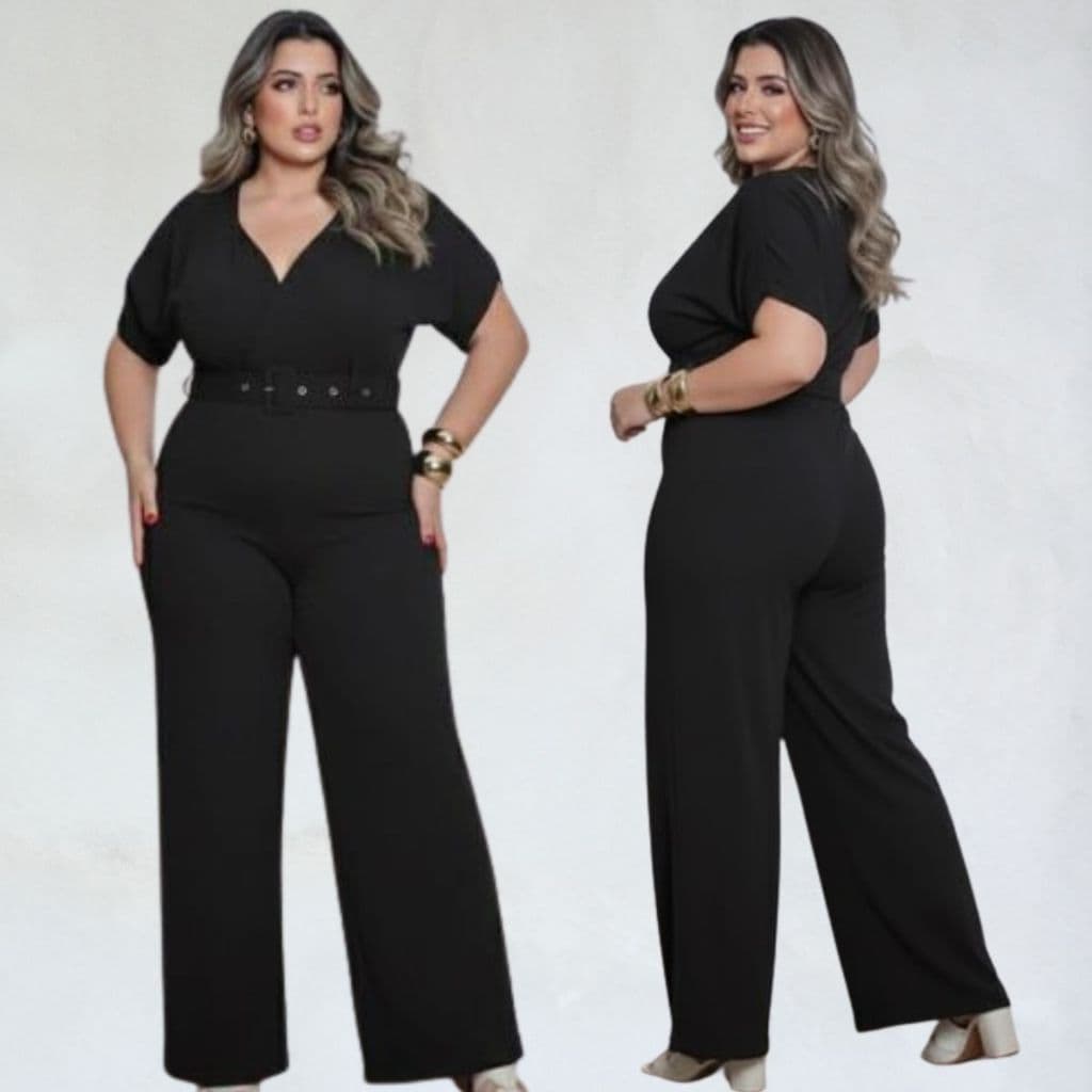 Macacão Feminino Longo Plus Size G1 G2 G3 Tecido Duna Com Cinto Forrado Conforto