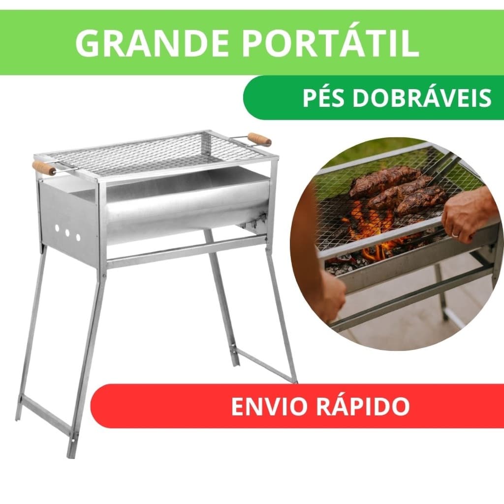 Churrasqueira Grande Portatil a Carvão com Pés Dobráveis espetinhos grelha alça madeira