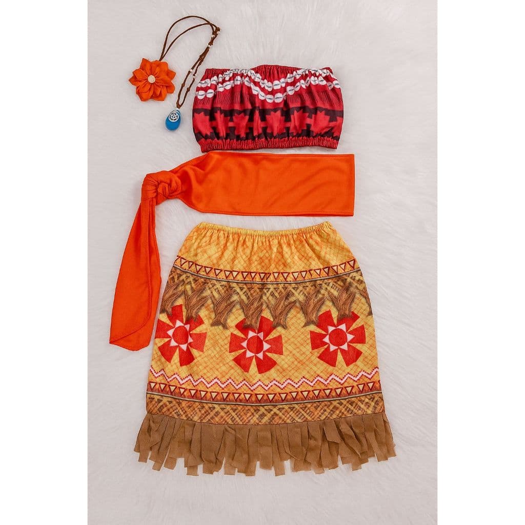 Fantasia Moana Infantil Luxo Completa com Colar e Flor – Vestido Festa Temática Menina