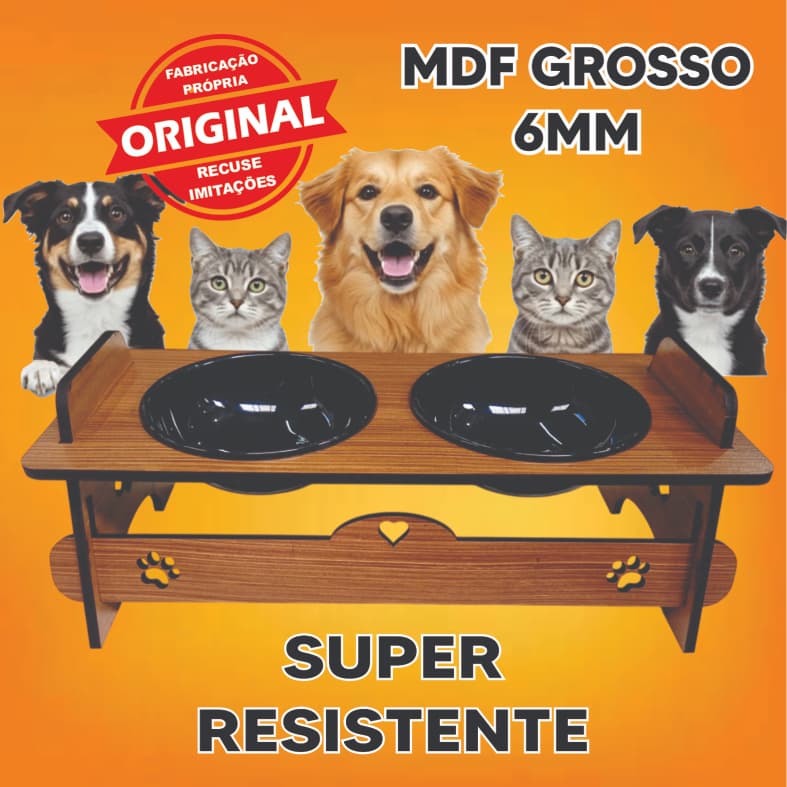 Comedouro Elevado Inclinável Pet Ração e Água Para Cachorros e Gatos em MDF 6MM Com 1 ou 2 Potes Tigelas
