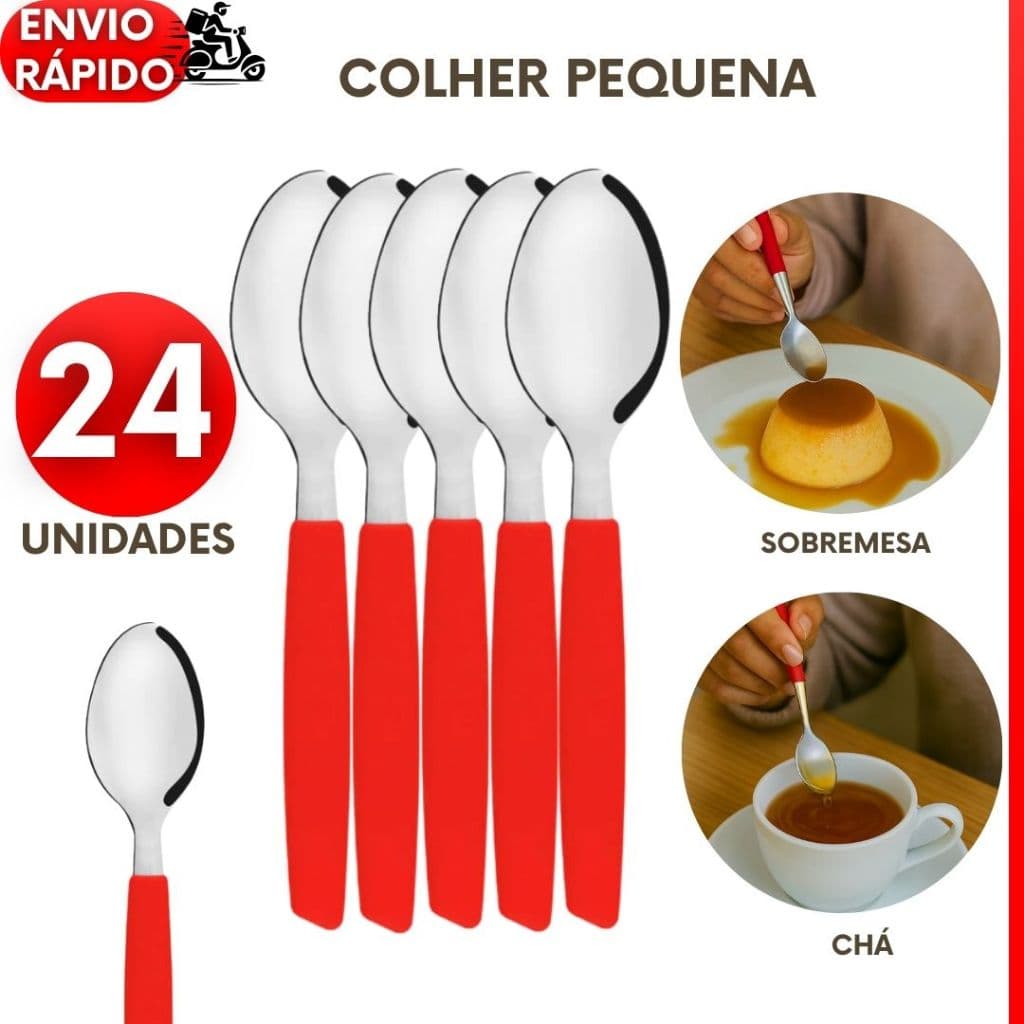 Kit 24, 18 ou 12 Colheres Sobremesas Chá Café Cabo Vermelho Premium Inox para Para o Dia a Dia