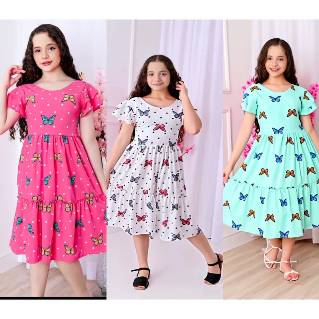 Vestido Infantil Juvenil com Manga Babado e Costa com lastex - Elegante e Confortável