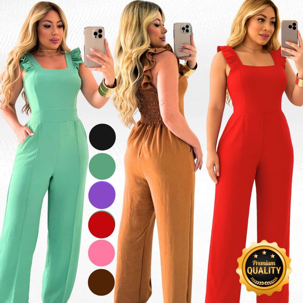 Macacão Feminino com Babado Alça Larga, Bolsos e Lastex nas Costas Tecido Duna Premium Veste até 46