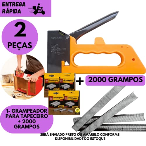 Kit Grampeador Profissional Tapeceiro + 2000 Grampos Estofado Madeira Couro Tecido ou Sem Grampo