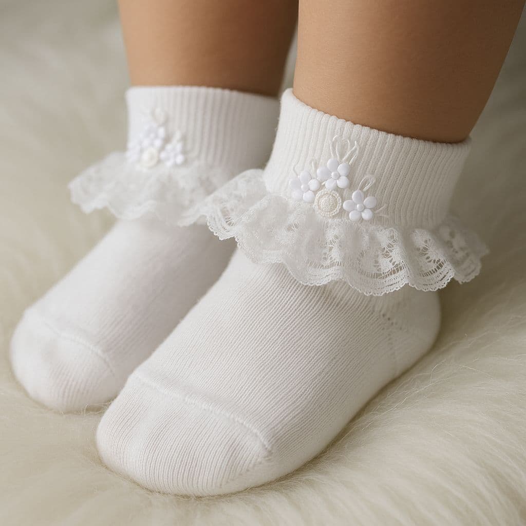 Meia Bordada Branca com Renda Rosas Meninas Bebê Crianças Batizado Casamento Aniversário Luxo