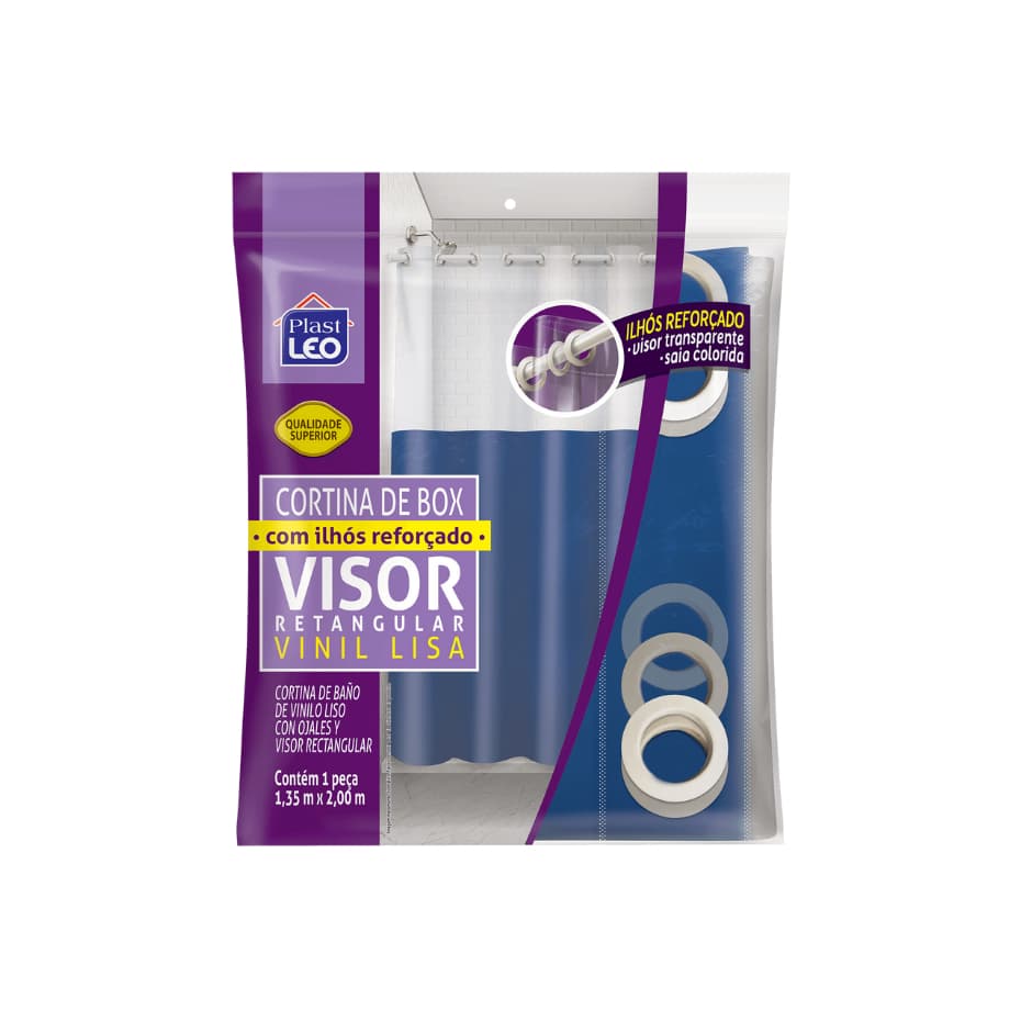 Cortina Para Box De Banheiro 1,35m x 2.00 m Lisa/Visor e Ilhós/Ganchos Vinil Impermeável Antimofo