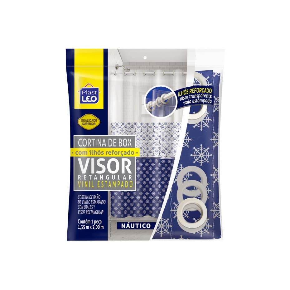 Cortina De Box Banheiro Com Ilhós 1,35m x 2,00m Com Visor Transparente E Saia Estampada