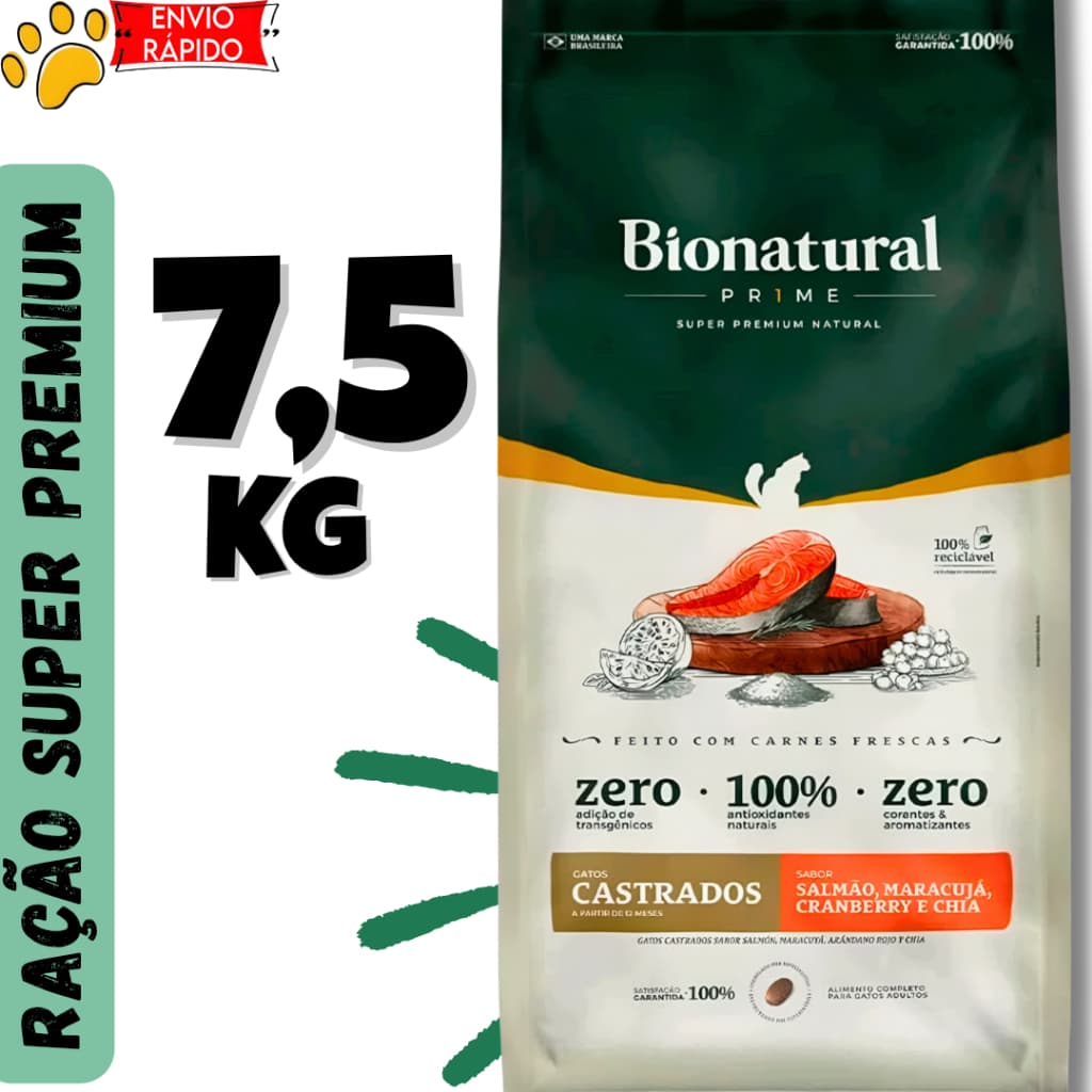 Ração Super Premium Bionatural Prime Gatos Castrados Salmão 7,5kg