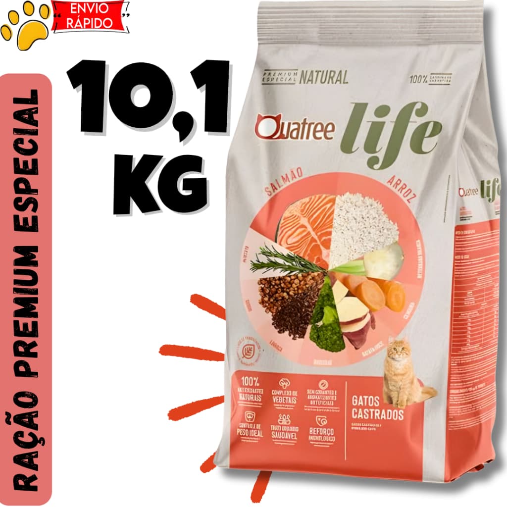 Ração Quatree Life Gatos Castrados Sabor Salmão 10,1kg