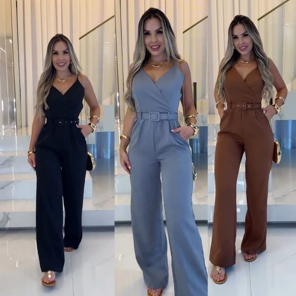 Macacão Feminina Alfaiateria Elegante com Cinto Premium Bolso e Cinto