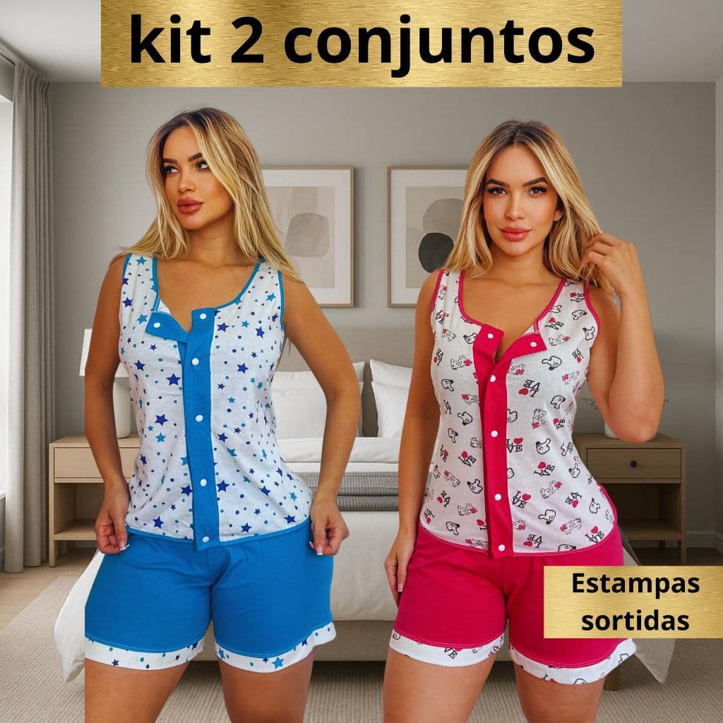 Kit Com 2 Conjunto De Pijamas Com Botao Malha} 100% Algodão Babydool Feminino Gestante Pos Cirurgico