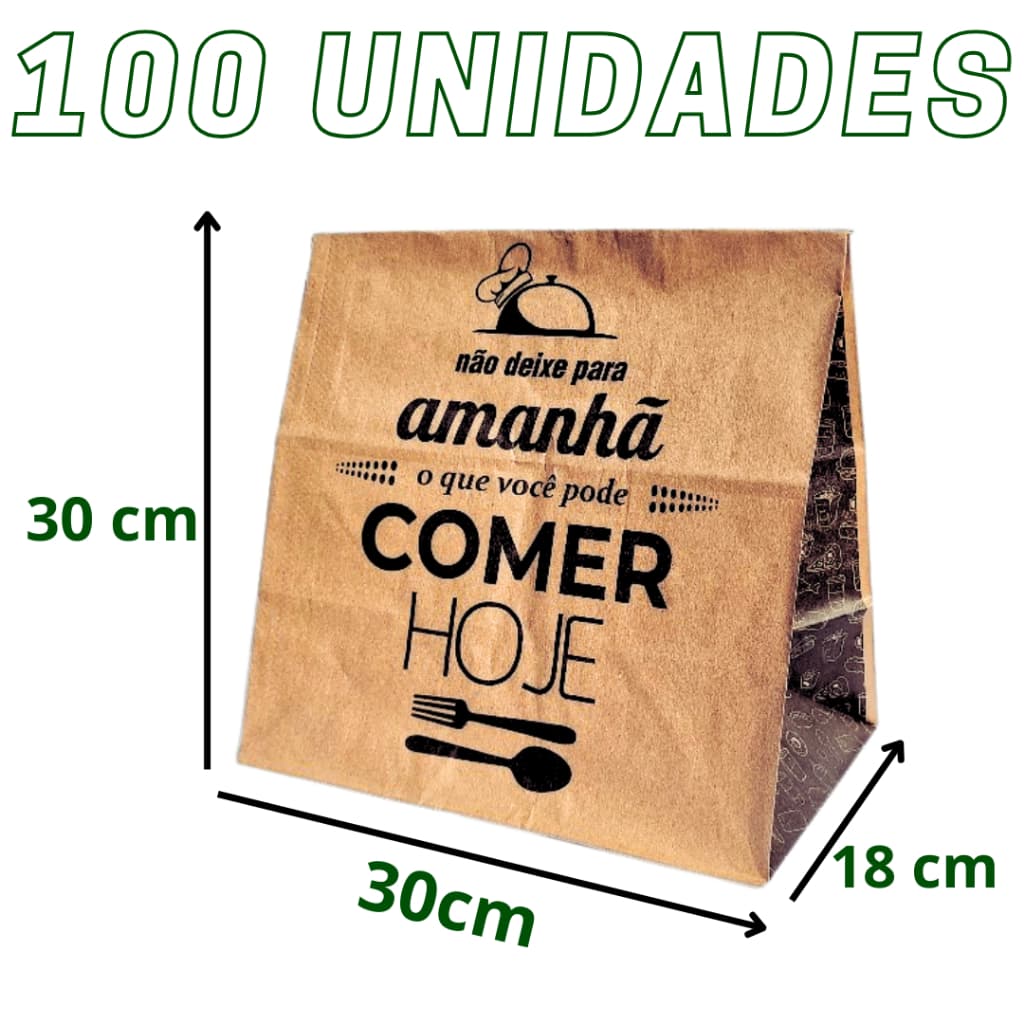 Saco Kraft Papel Delivery Estampado G 30x30x18cm (100 Unidades)