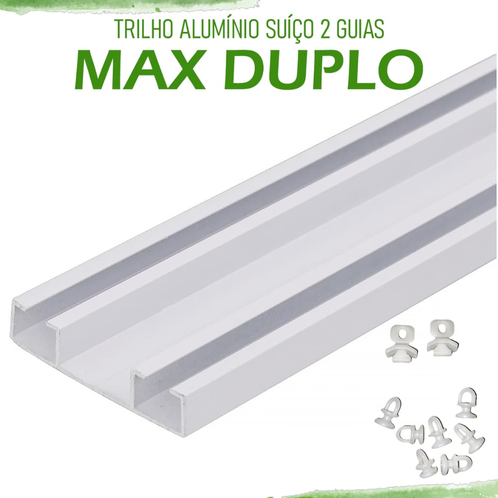 Trilho Suíço Duplo Max Alumínio Branco – Kit com Deslizantes + Terminais Várias Medidas Cortinas Blackout e Tecidos