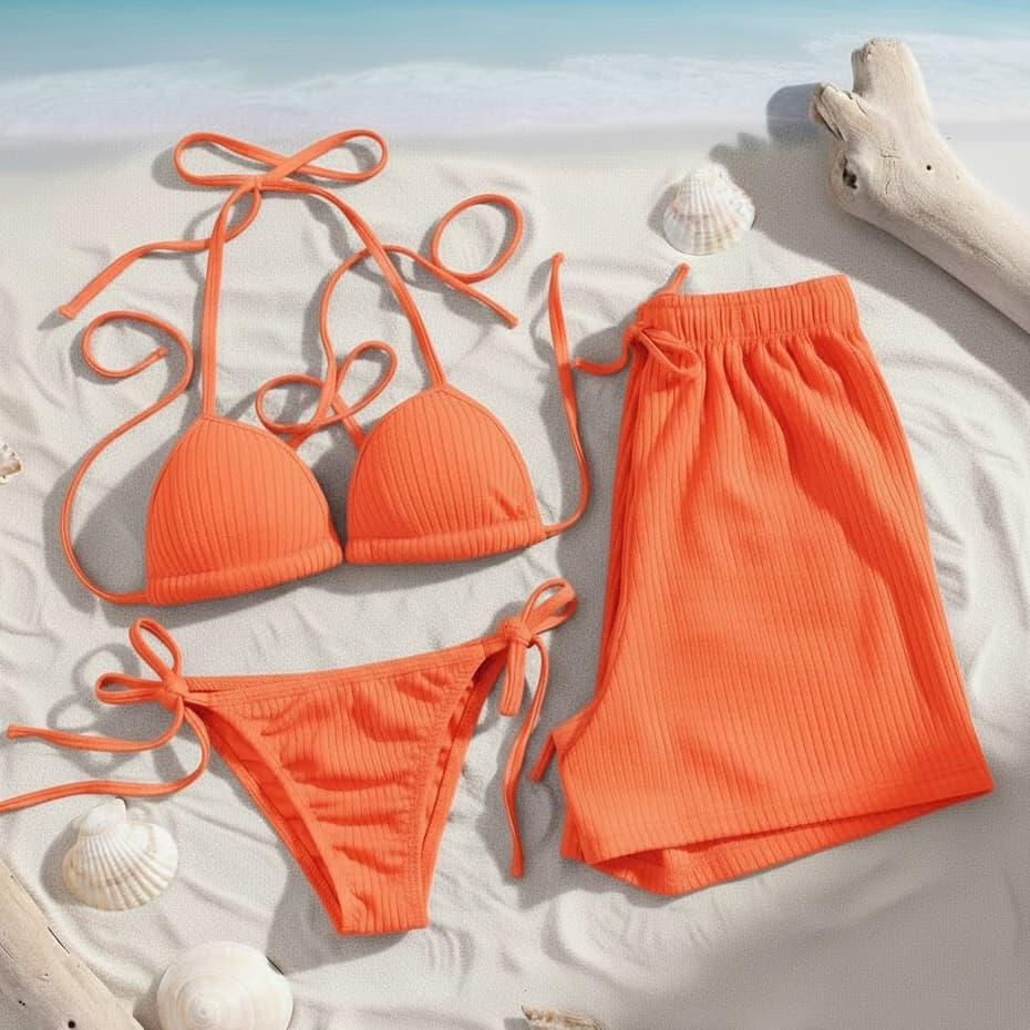 Kit Biquíni e Shorts Canelado Moda Praia Tendência 3 Peças