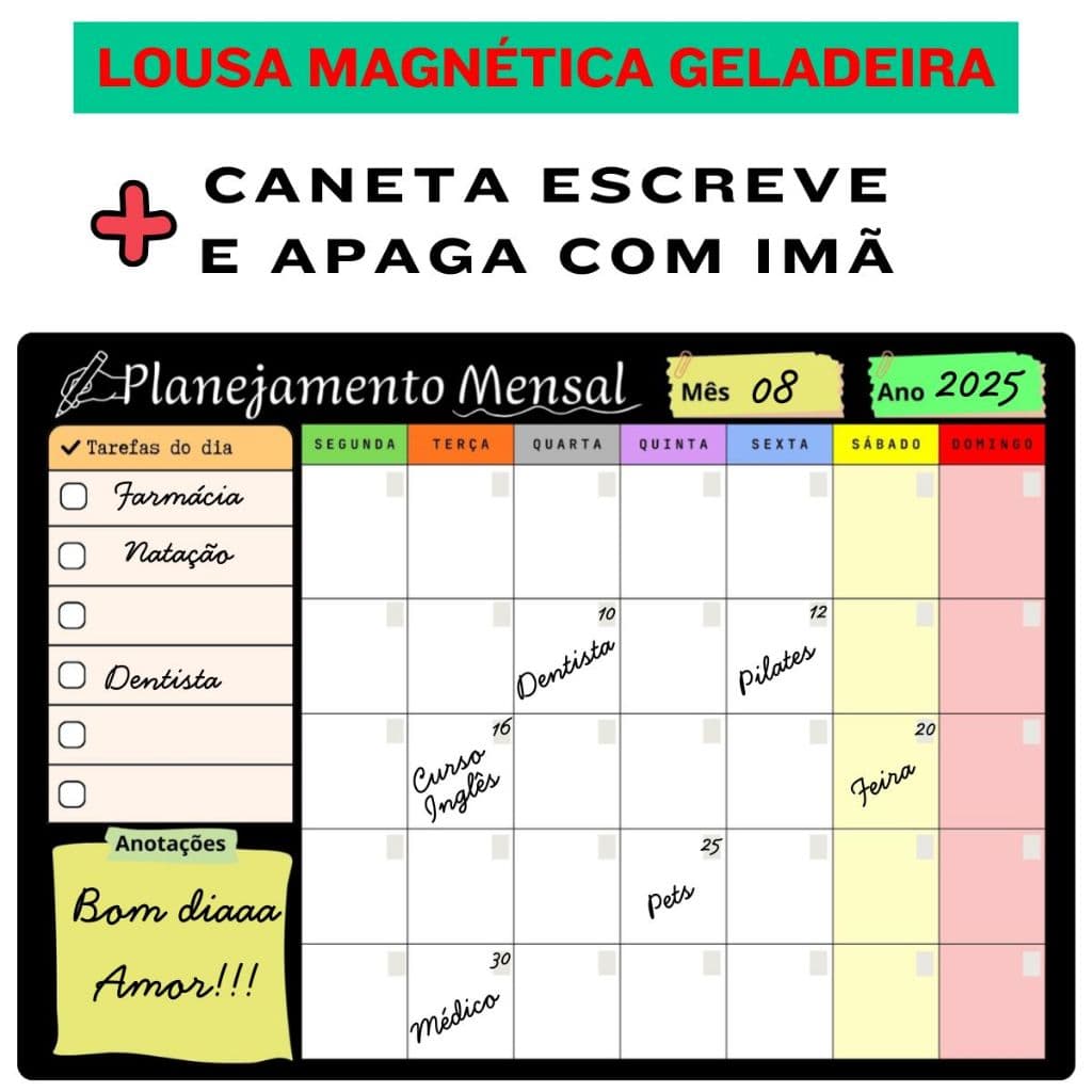 Mural Lousa Magnetica Anotações Semanal e Rotinas Diarias e Tarefa do dia dia Com Mes e Ano Colorido
