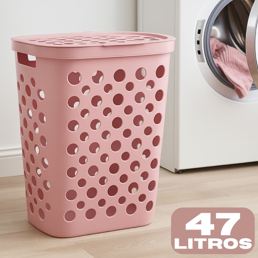 Cesto Telado 47 Litros com Tampa e Alça Cesto de Roupa Suja Banheiro Lavanderia