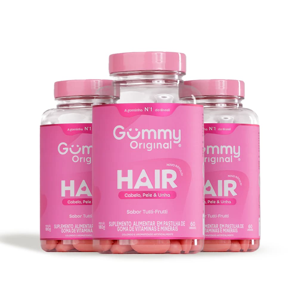 Kit Gummy Hair Vitamina Cabelo 60 Gomas 180g Unha Suplemento Alimentar Tutti-Frutti Pastilha Fortalecimento Gelatina