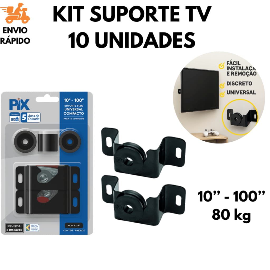 Kit 10 Suportes Fixos Universais Para TV E Monitor 10" A 100" Compacto E Resistente Até 80kg