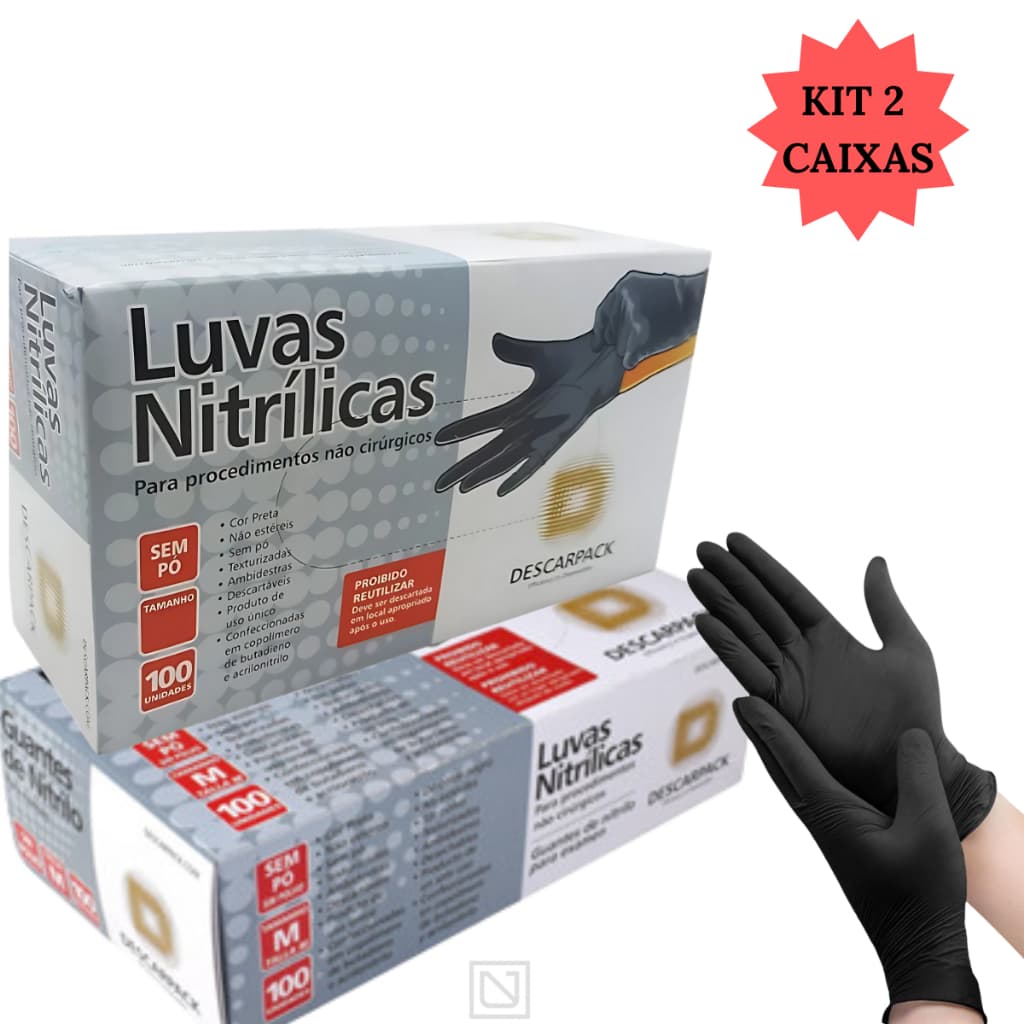 Kit 2 Caixas Luva Preta Nitrilica Descartável Sem Pó Resistente 200 Unidades Uso Profissional