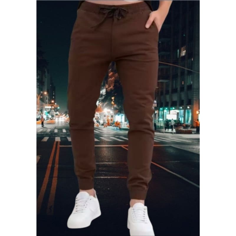 Calça Jogger Masculina Sarja Marrom,  Streetwear, punho, Lycra, Moda Urbana, casual