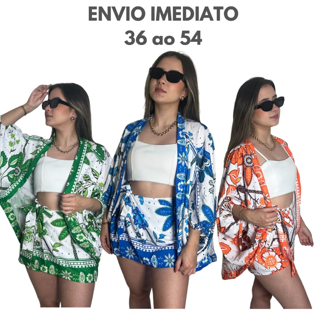 Conjunto Kimono Short Saia e Kimono Duas Peças Moda Praia Estampado e Liso Azul Verde Laranja