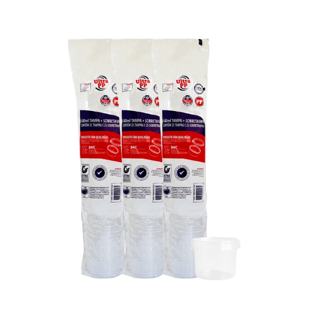Kit 3 Pacotes de Potes de 140ml com tampa PP transparente Ultratherm Replast com 25 unidades