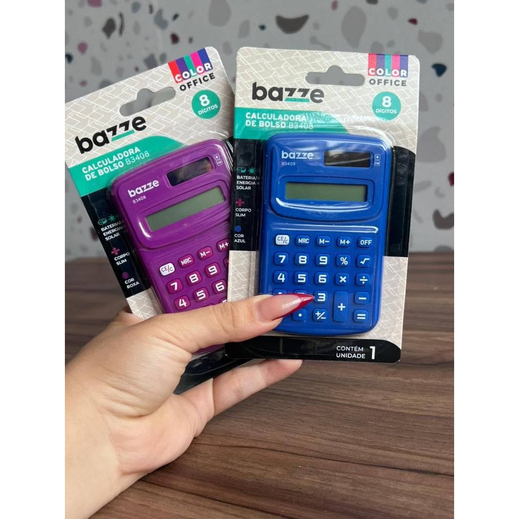 Calculadora de Bolso Pequena Bateria Solar Slin Roxa ou Azul Escolar Bazze Color Office B3408