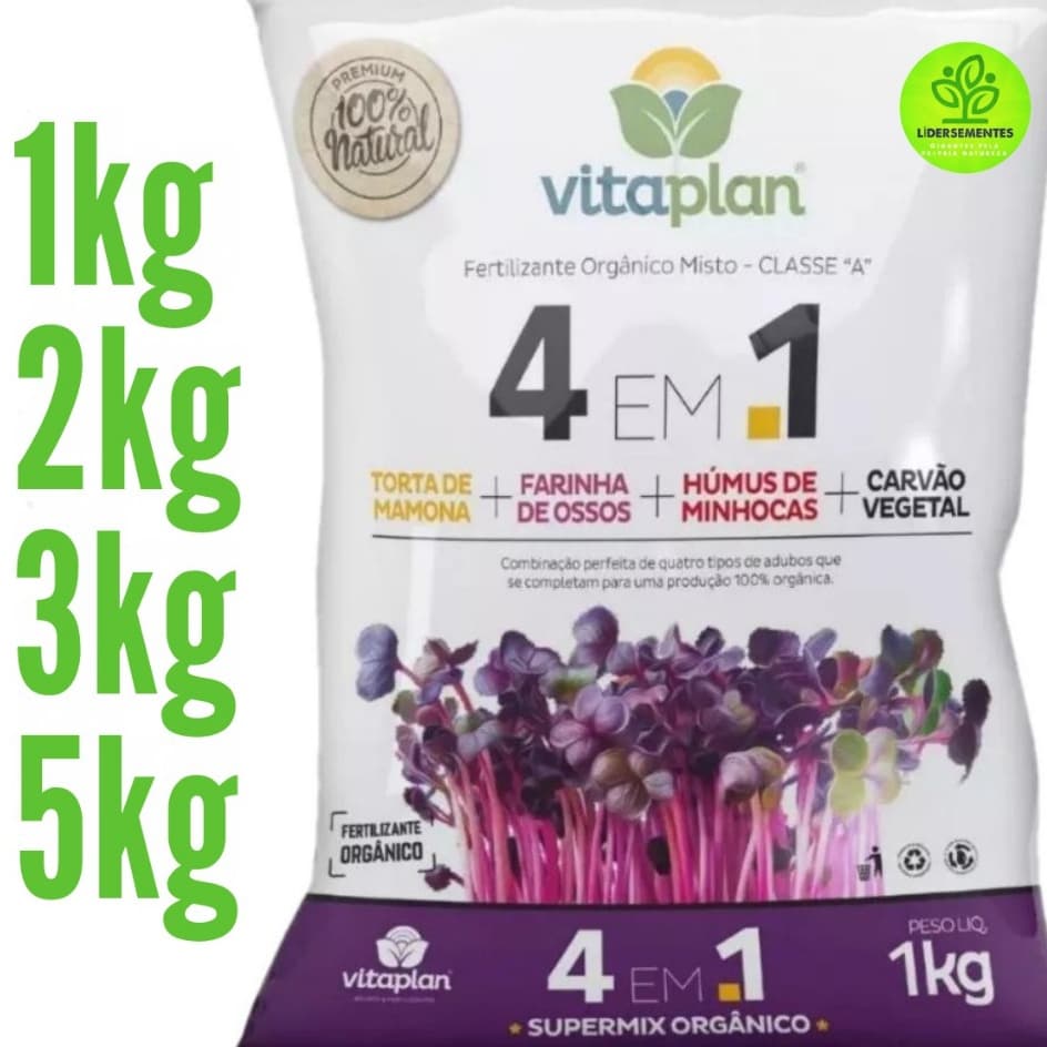 Adubo Fertilizante 4 em 1 Torta Mamona + Farinha Ossos + Carvão Vegetal + Humus Minhoca 1Kg Vitaplan