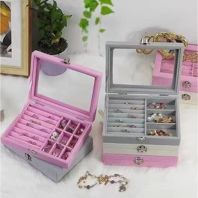 Porta Joias de Veludo com Tampa de Vidro – Organizador Pequeno para Anéis, Brincos e Pulseiras