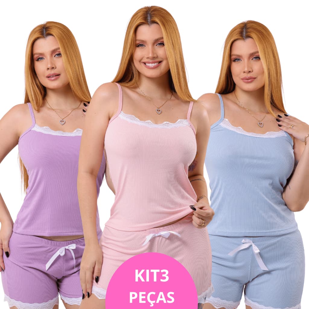 Kit 3 Pijamas Baby Doll Feminino Canelado Sued Premium Renda Luxo Conforto Sexy Confortavél Para Dormir