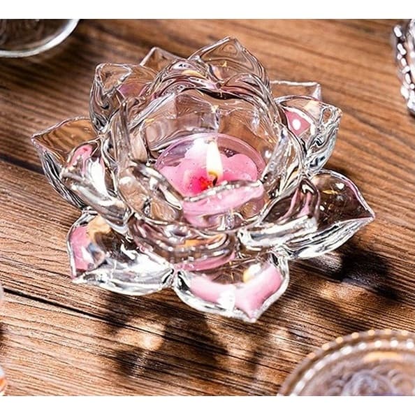 Kit 02 Peças Castiçal Porta Vela Vidro Transparente Flor de Lótus
