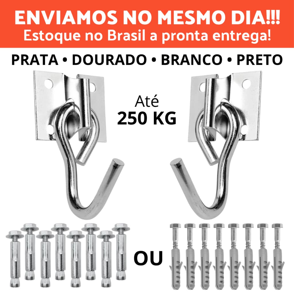Kit Par de Gancho Armador De Rede De Balanço até 250kg Aço Grosso Reforçado Com 8 Parafusos E Buchas Ou Chumbadores