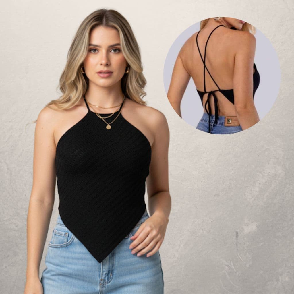 Top Lenço Cropped Feminino estiloso frente única com amarração em Tricot Modal