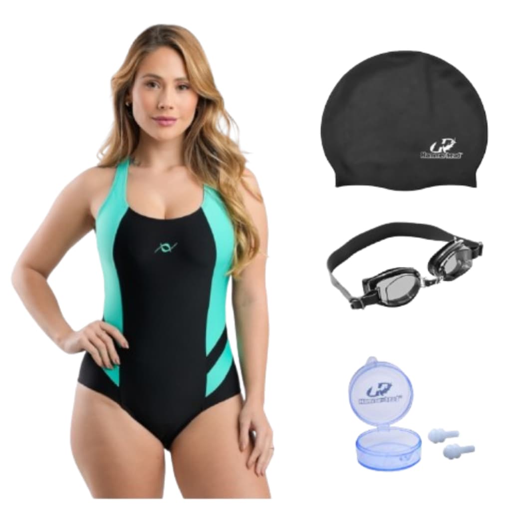 Kit Maiô Natação Hidroginástica Touca Silicone Óculos Uv E Protetor De Ouvido