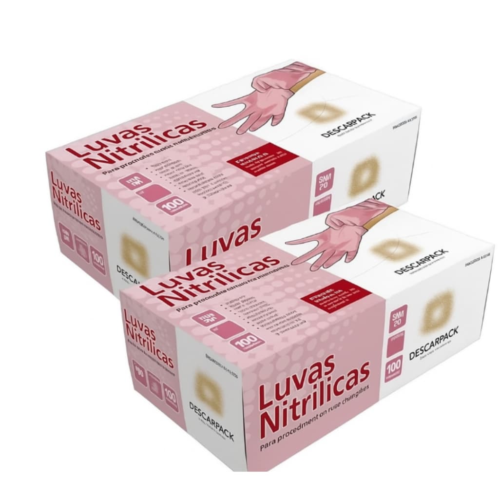 Kit 2 Caixas de Luvas Nitrílicas Rosa Powder Free Descarpack  - 100 Unidades por caixa