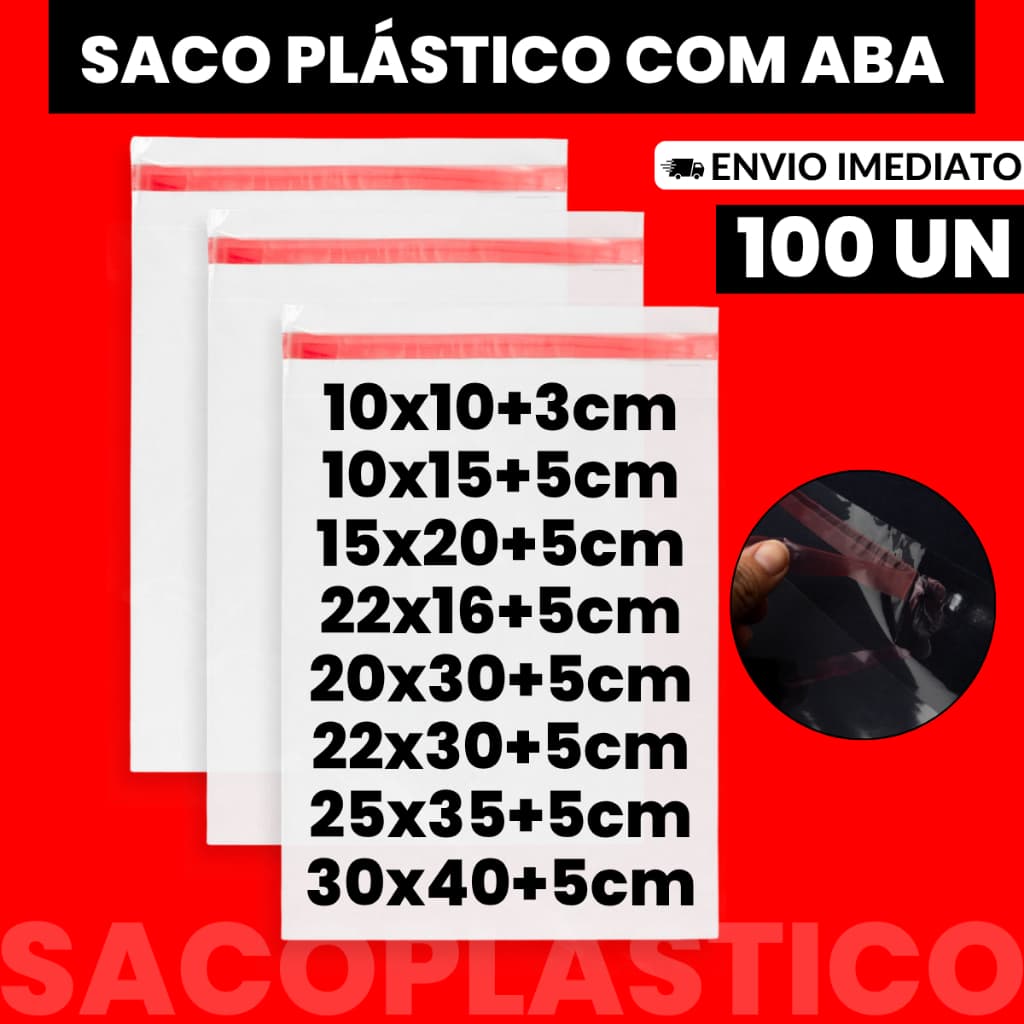 Kit 100un Saco PP Transparente com Aba Adesiva Embalagem Resistente para Loja e E-commerce Papelaria